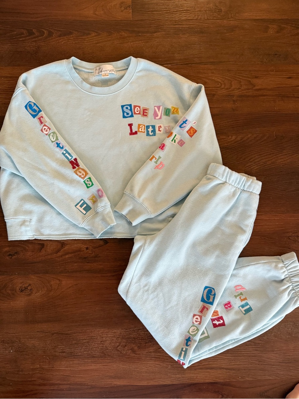 Vintage Havana Light Blue Embroidered Sweatshirt & Jogger Set
